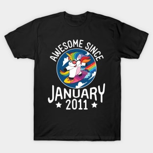 Unicorn Surfing Awesome Since January 2011 Happy Birthday 10 Years Old To Me Dad Mom Son Daughter T-Shirt